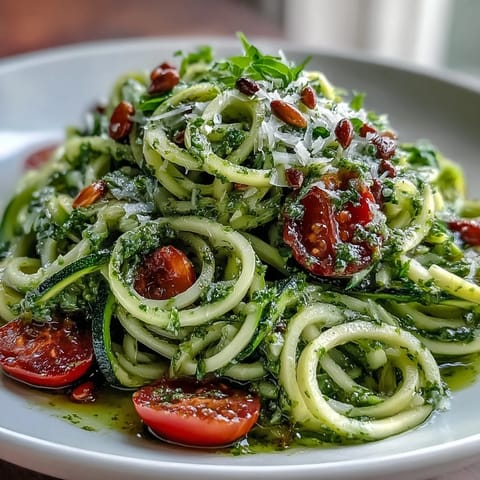 Vibrant zucchini noodles twirled in fresh basil pesto with cherry tomatoes, a colorful and healthy vegetarian dish perfect for summer meals.