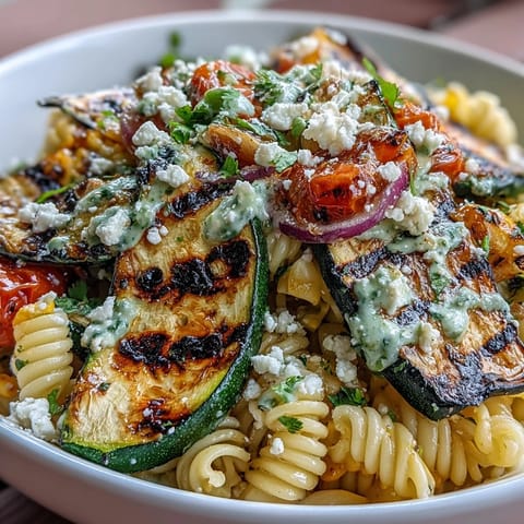 Vibrant pasta salad with grilled zucchini, corn, and salty Cotija.