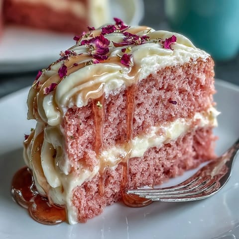 Rosé velvet cake with cream cheese frosting and edible gold drip, perfect for bridal showers, blending delicate pink hues with luxurious metallic accents.  