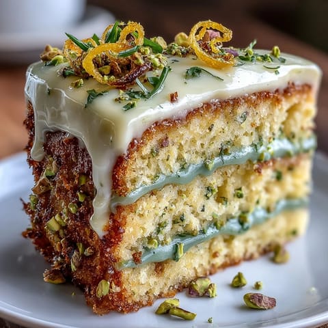 Vibrant Spring Birthday Lemon Pistachio Cake with fluffy frosting and chopped nuts.