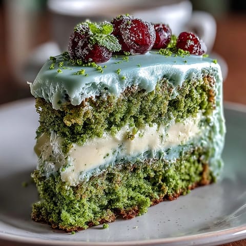 Vibrant smash cake style mini matcha birthday cake topped with creamy vanilla frosting.