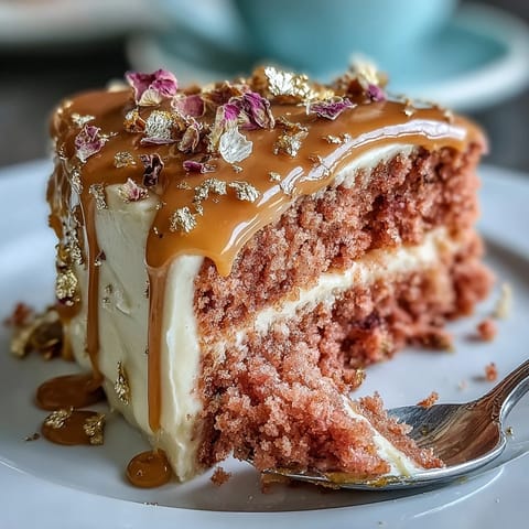 Elegant pink velvet cake infused with rosé wine, topped with silky cream cheese frosting and a shimmering edible gold drip.  