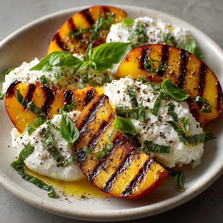 Making grilled peach and burrata salad: Charred fruit atop rich cheese, basil garnish.