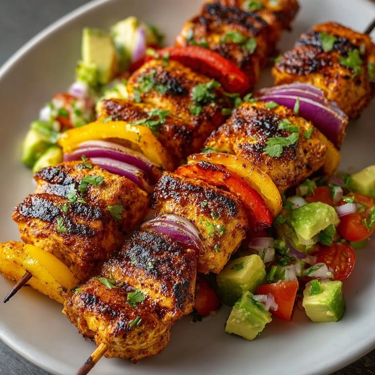 Close-up of vibrant Spiced Grilled Chicken Skewers with Avocado Salsa, ready for summer grilling.