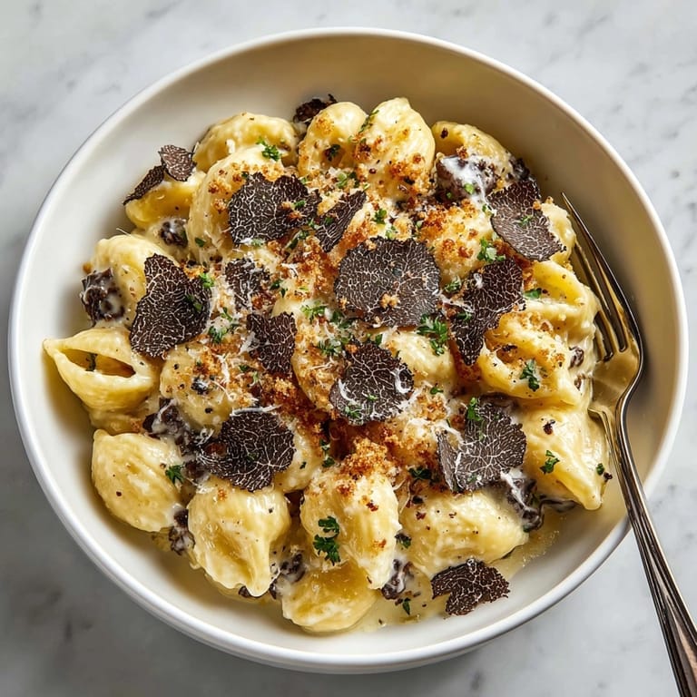 Golden-brown Truffle Mushroom Rococo Mac and Cheese, bubbly hot, a delightful holiday comfort food.