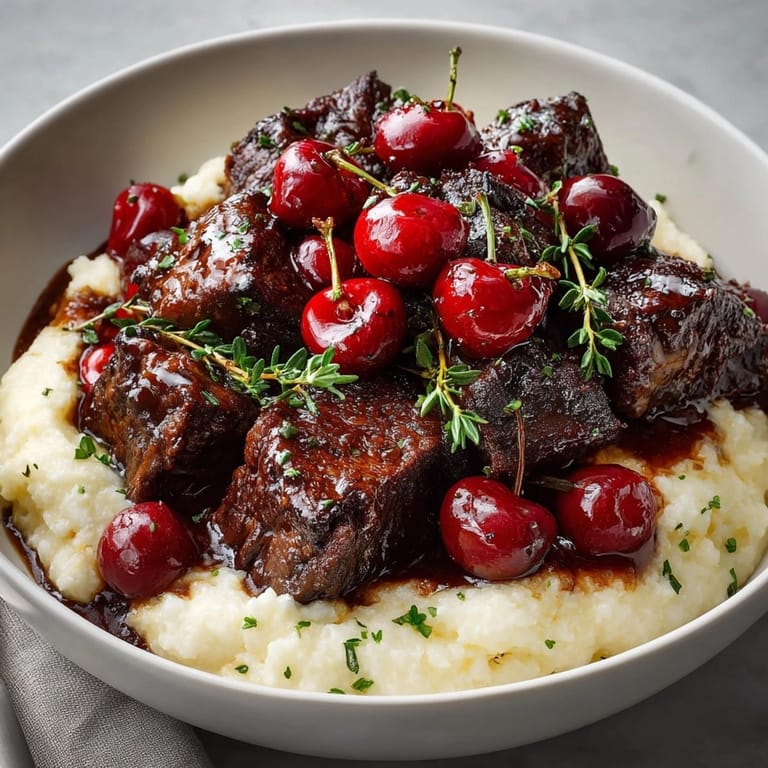 Close-up of shiny, rich cherry-braised short ribs recipe, plated atop golden, herbed polenta.