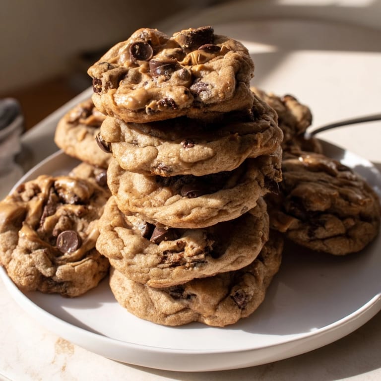 Golden brown Peanut Butter Banana Chip Cookies recipe, a simple, delicious, kid-friendly bake.