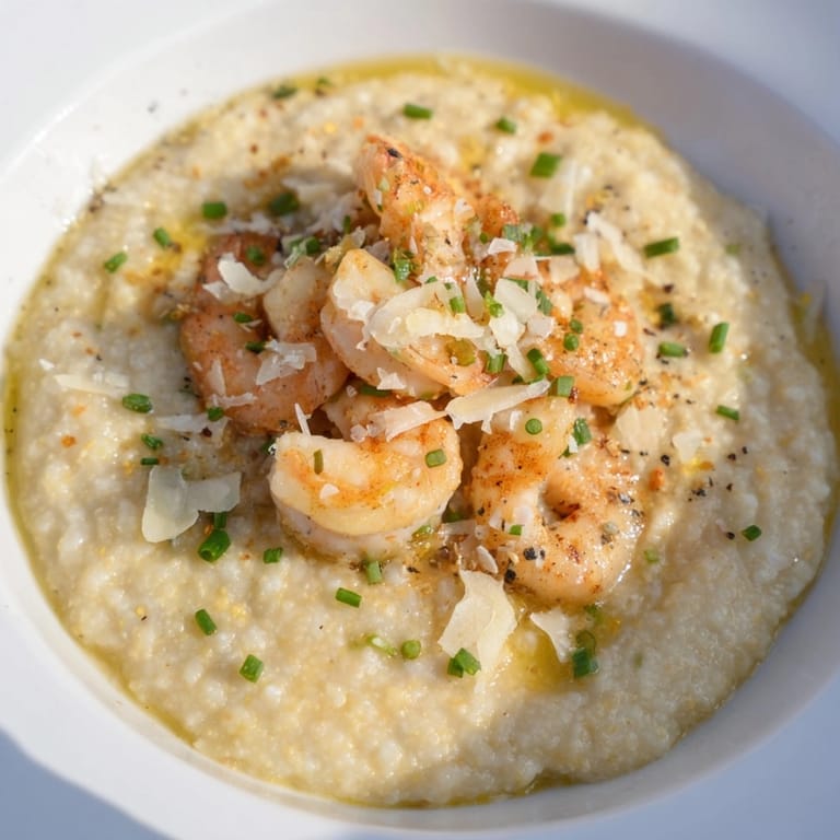A steamy Shrimp Parmesan Grits Bowl captures tender shrimp nestled in cheesy, savory grits.