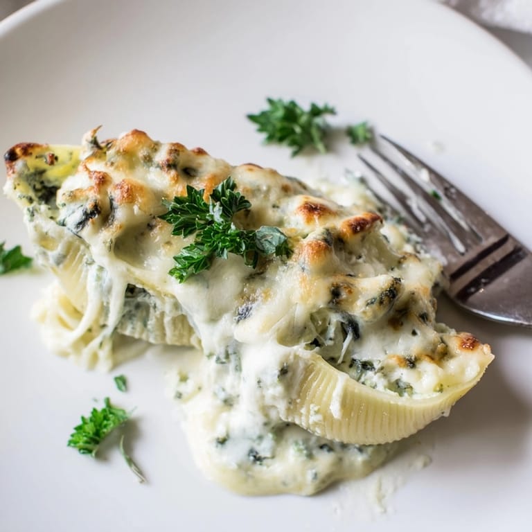 Filled jumbo shells smothered in rich Alfredo sauce: comfort food in every bite.