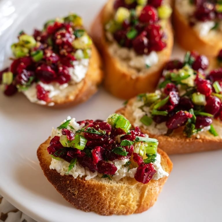 Festive, savory bites of Cranberry Jalapeño Tapenade on toasted crostini, ideal for gatherings.