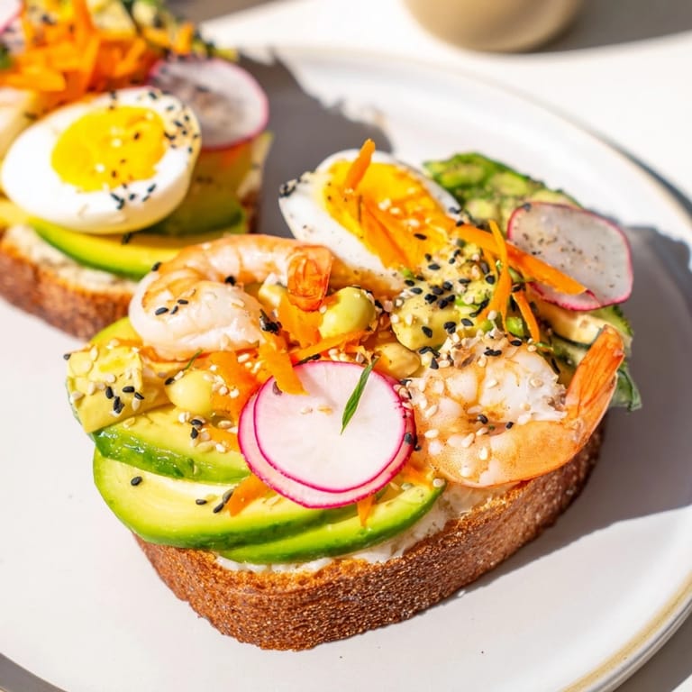 Deliciously layered Japanese bento open-face sandwiches served with creamy mayonnaise drizzle.