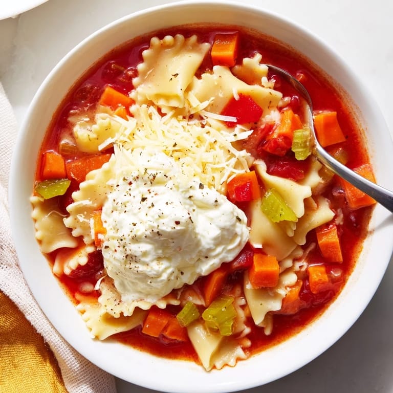 Warm and inviting lasagne soup topped with rich pumpkin ricotta and fresh basil.  