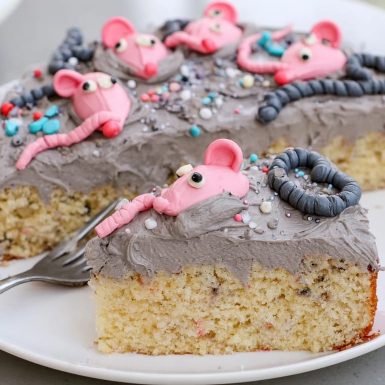 Delightful Rat Cake Birthday Sheet Bake, featuring vibrant frosting and whimsical candy accents.  