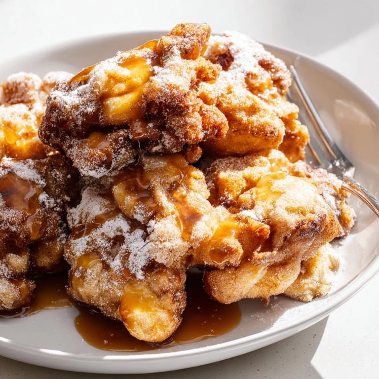 Golden brown apple fritters topped with sweet caramel, served warm and dusted.