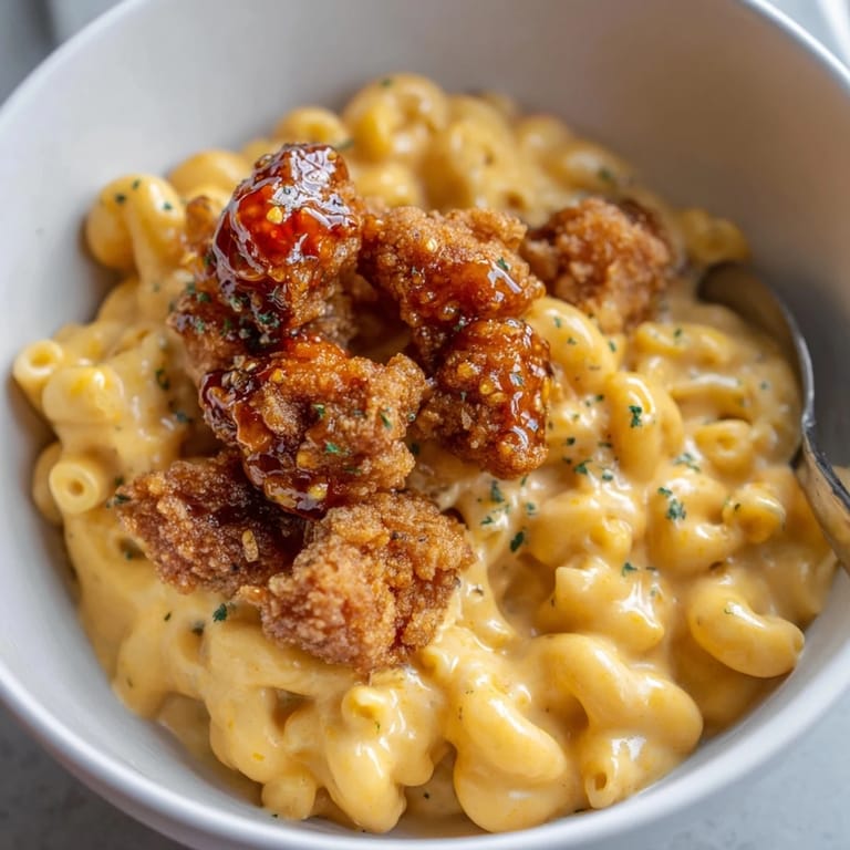 Indulge in velvety mac and cheese loaded with honey pepper chicken flavors.  