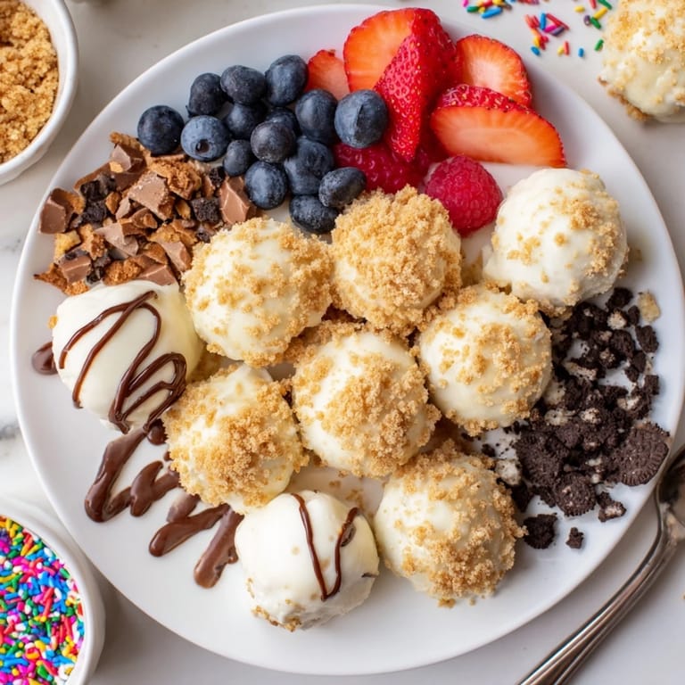 Creamy cheesecake bites on a rustic board, topped with fresh fruit and delicious sauces.  