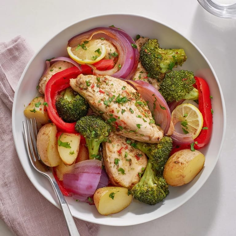 Tender Lazy Gourmet Chicken & Vegetable One-Pot, drizzled with olive oil and fresh herbs.