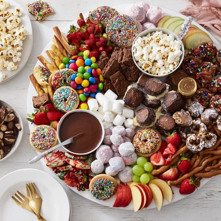 Vibrant dessert board adorned with sweet bites, fresh fruits, and creamy dips.