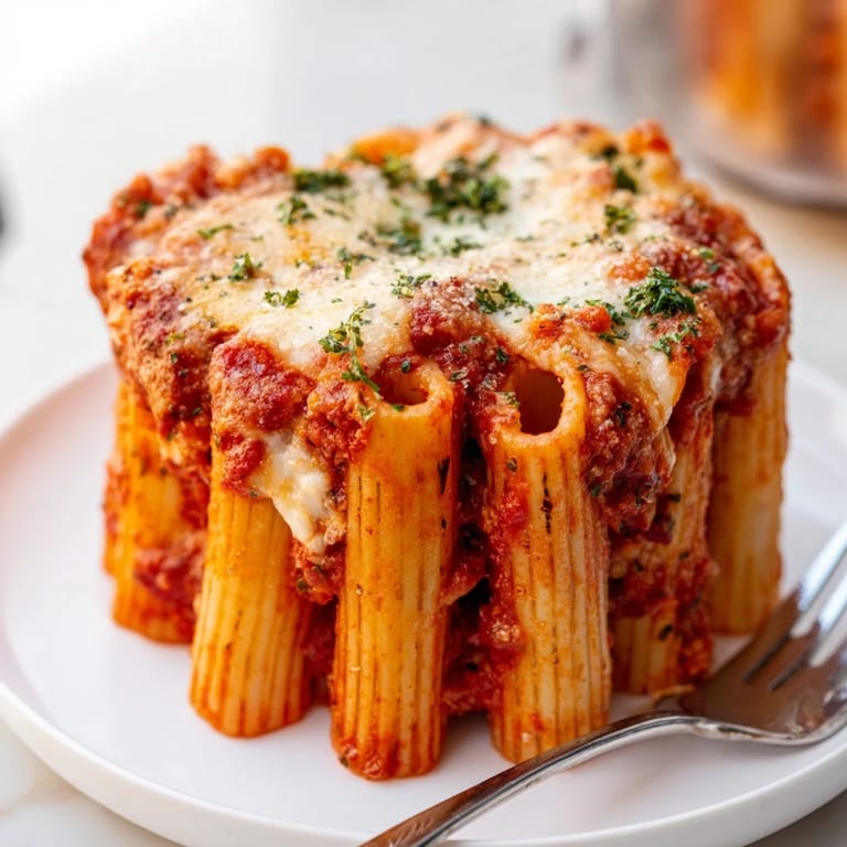 Delicious Honeycomb Pasta Cake bursting with rich tomato sauce and creamy ricotta.  