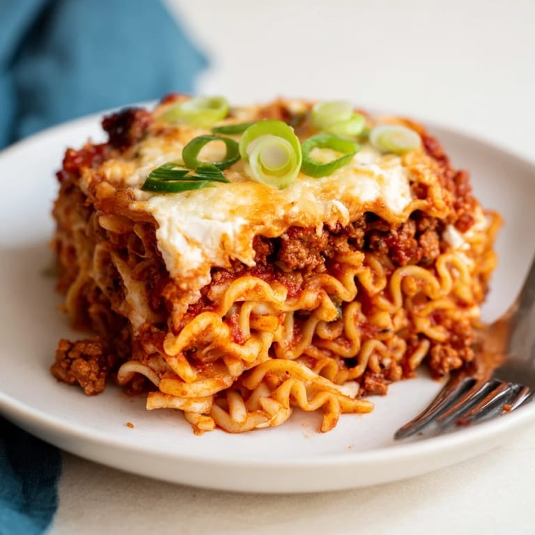 Delicious Spicy Ramen Lasagna featuring tender noodles and a burst of spicy flavors.