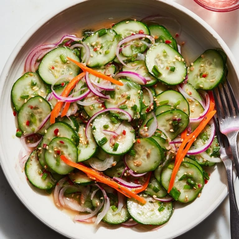 Refreshing cucumber salad remix drizzled with sesame oil, perfect as a light appetizer.