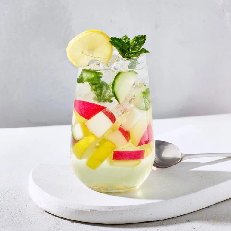 Cooling lemon-lime water-based mocktails garnished with citrus slices and mint sprigs.