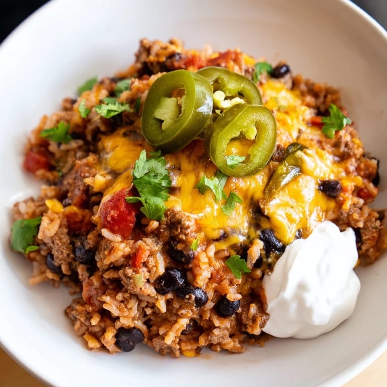 Savory Tex-Mex Beef & Rice Casserole bursting with flavors, ideal for family dinners.  