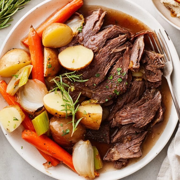 Hearty Sunday pot roast with vibrant roasted vegetables, perfect for family gatherings.  