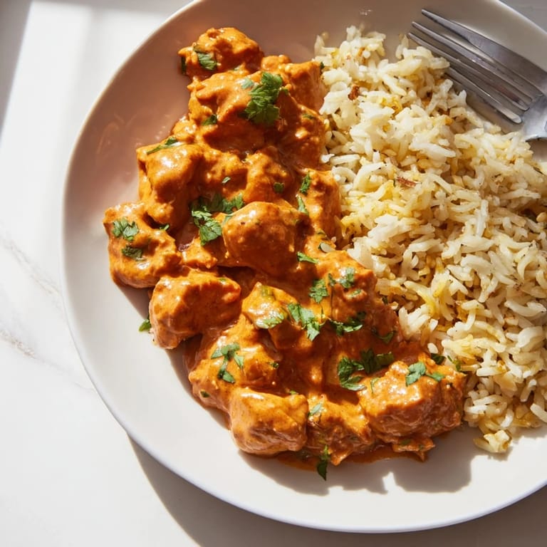 Savory butter chicken with spices and cream, plated with aromatic rice pilaf.