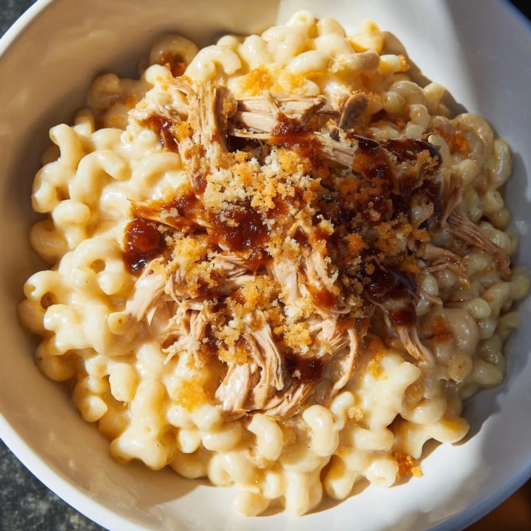 Family favorite: a close-up shows tender BBQ chicken and delicious Classic Mac & Cheese fresh from the bake.