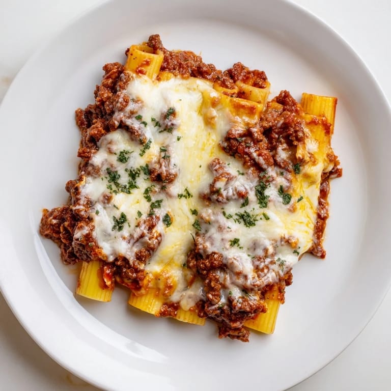 A close-up of cheesy, bubbling Baked Ziti showcasing the layers of pasta and meat sauce.