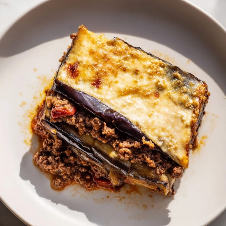 Golden-baked Moussaka, showcasing layers of eggplant, savory meat, and bubbling cheese on top.