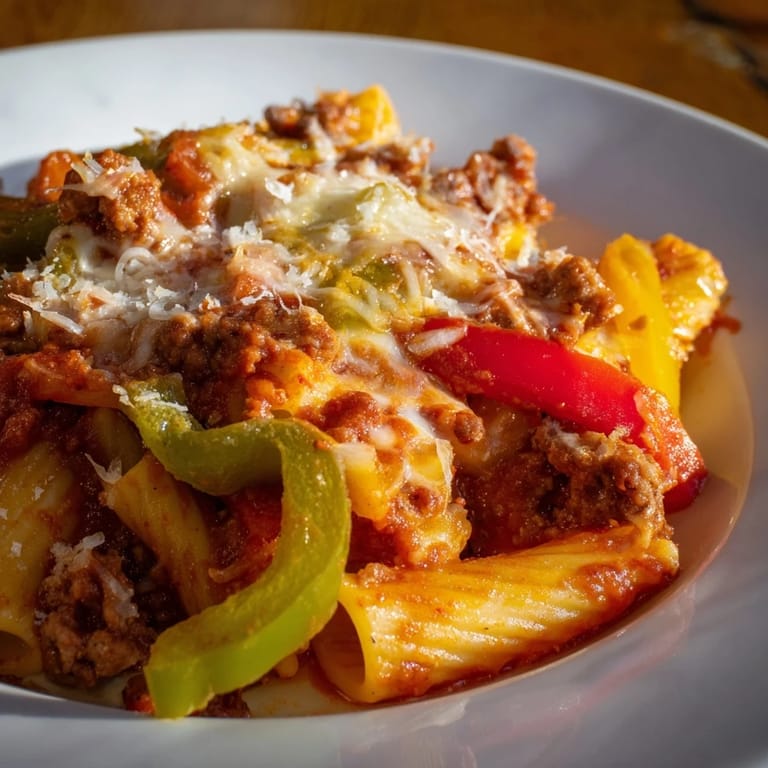A close-up of cheesy, savory Baked Rigatoni with Sausage & Peppers, steam rising from the flavorful casserole.