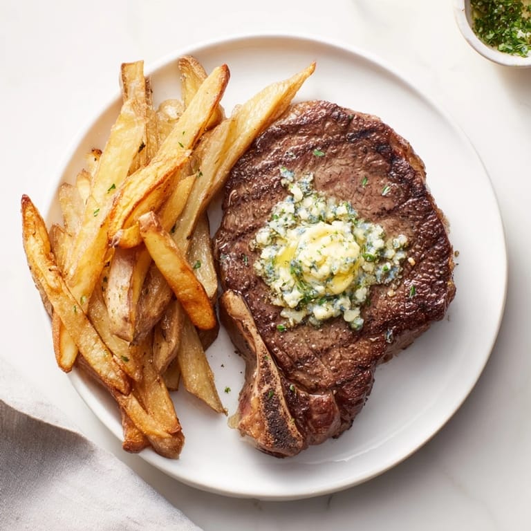 Golden and crispy fries alongside a tender Steakhouse Garlic Butter Steak, a classic American meal.