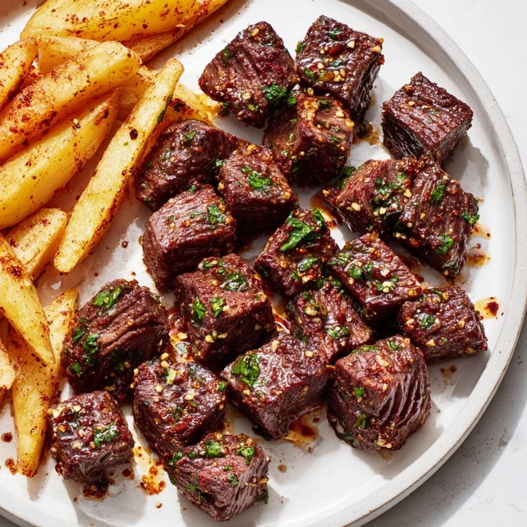 A close-up of tender Blackened Cajun Steak Bites served alongside golden, perfectly seasoned fries.