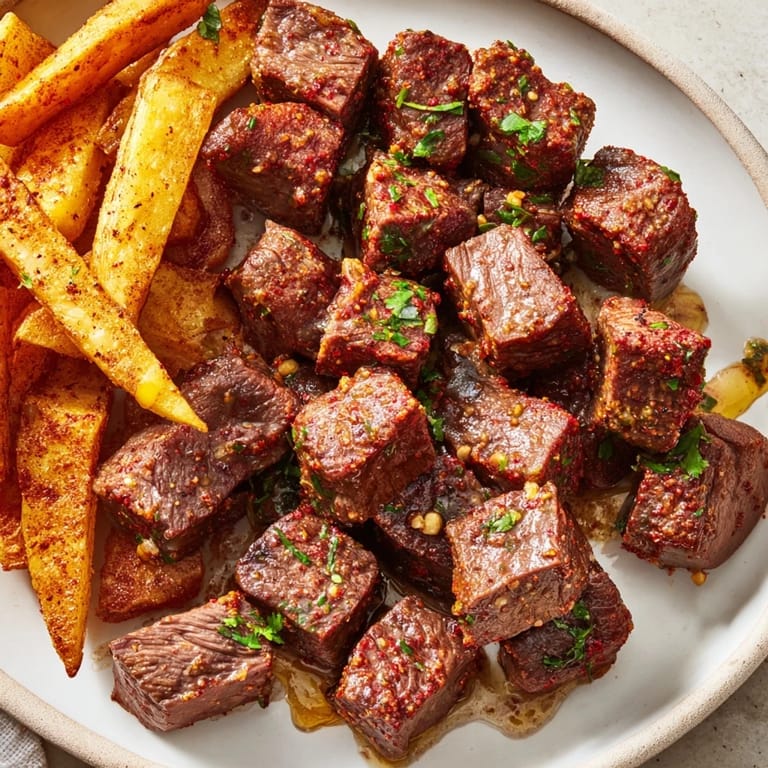 Savory Blackened Cajun Steak Bites, perfectly seasoned, and paired with a side of delicious, crispy fries on a plate.