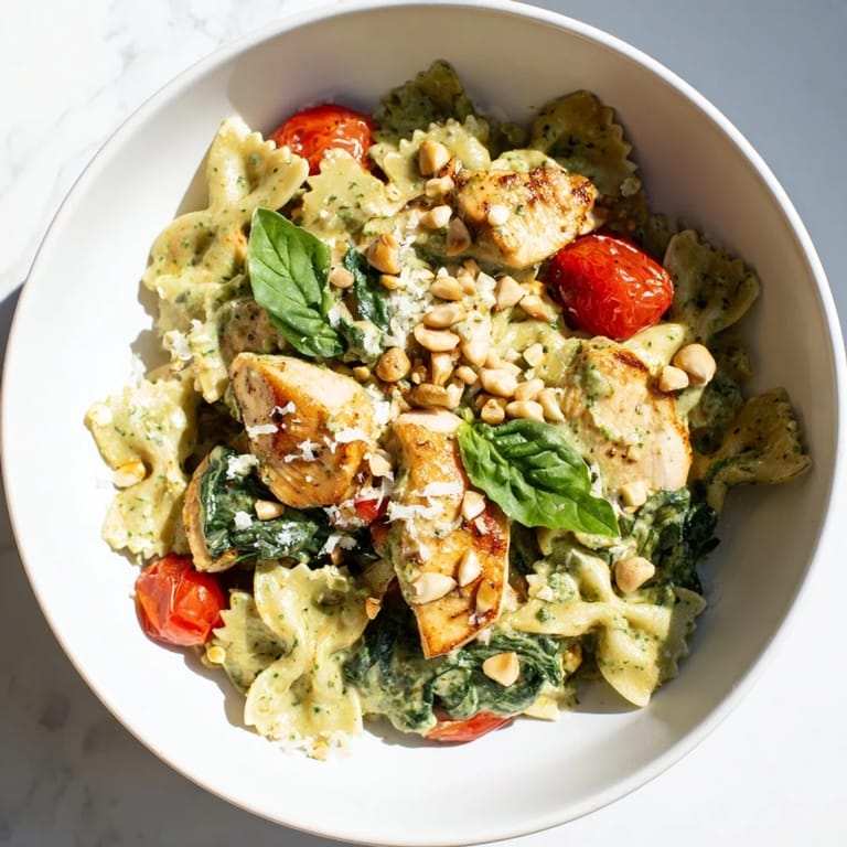Delicious pesto chicken bowtie pasta, loaded with chicken, Parmesan, and spinach, perfect for dinner tonight.