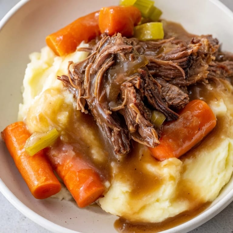 This satisfying Slow Cooker Pot Roast is served with creamy mashed potatoes, ready to be enjoyed.