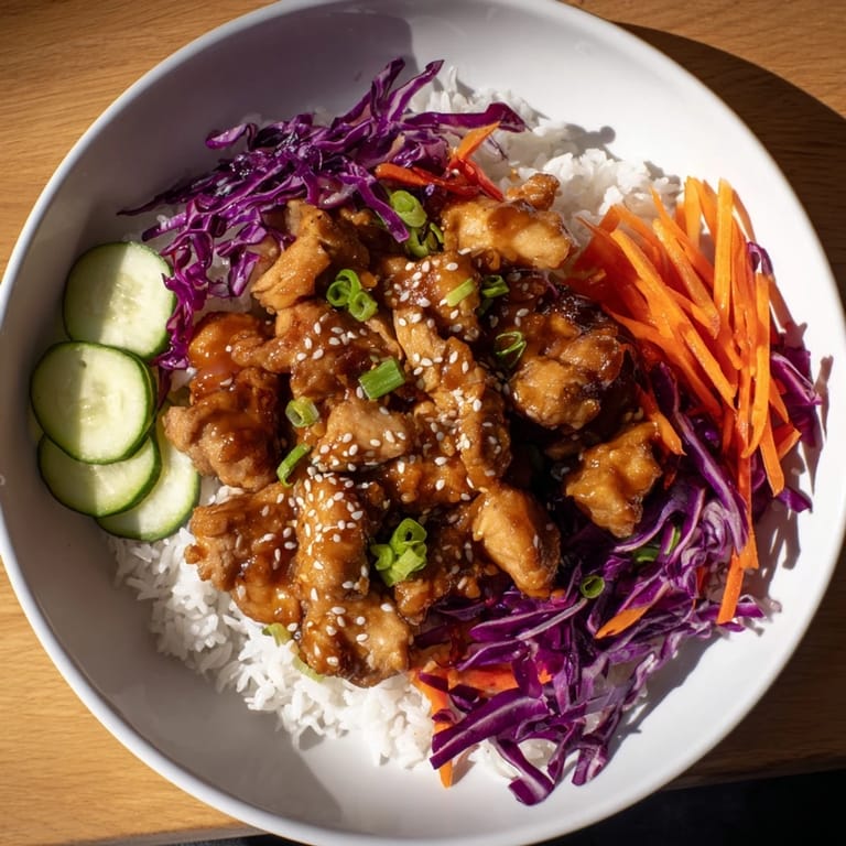 This image shows a beautifully plated Sriracha Honey Chicken Rice Bowl with a glossy, sweet glaze.