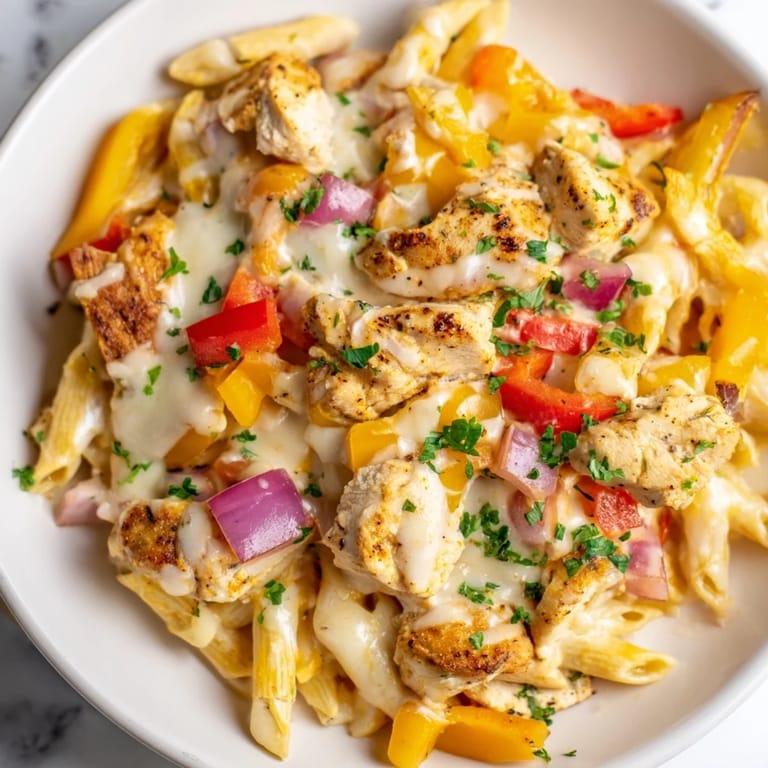 A close-up view of creamy, flavorful Cajun Chicken Pasta Bake, perfectly cooked with a golden crust.
