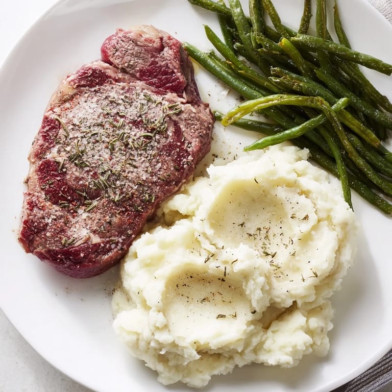 Roasted steak is served with fluffy garlic mash potatoes and green beans for an easy recipe.