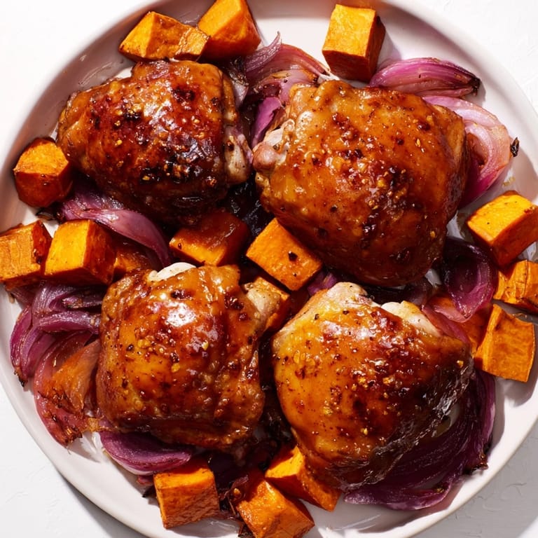 Savor the aroma of this flavorful Maple Glazed Chicken & Sweet Potato Bake ready to serve and enjoy.
