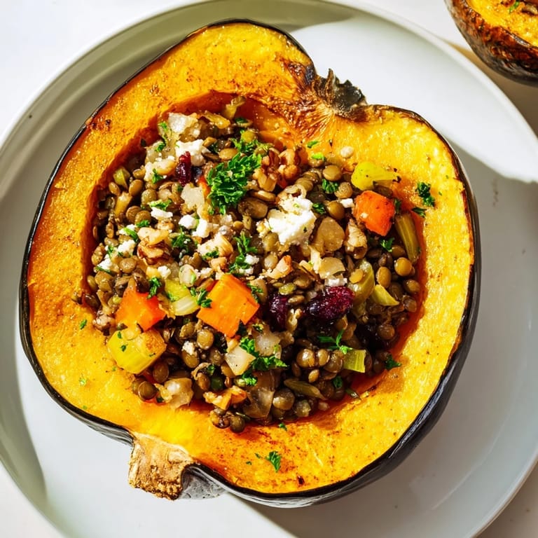 Close-up of baked Lentil & Walnut Stuffed Acorn Squash, garnished with parsley and creamy feta.