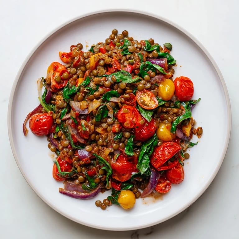 Enjoy this healthy and easy one-pan Lentil-Tomato Skillet, perfect for a weeknight vegetarian dinner.
