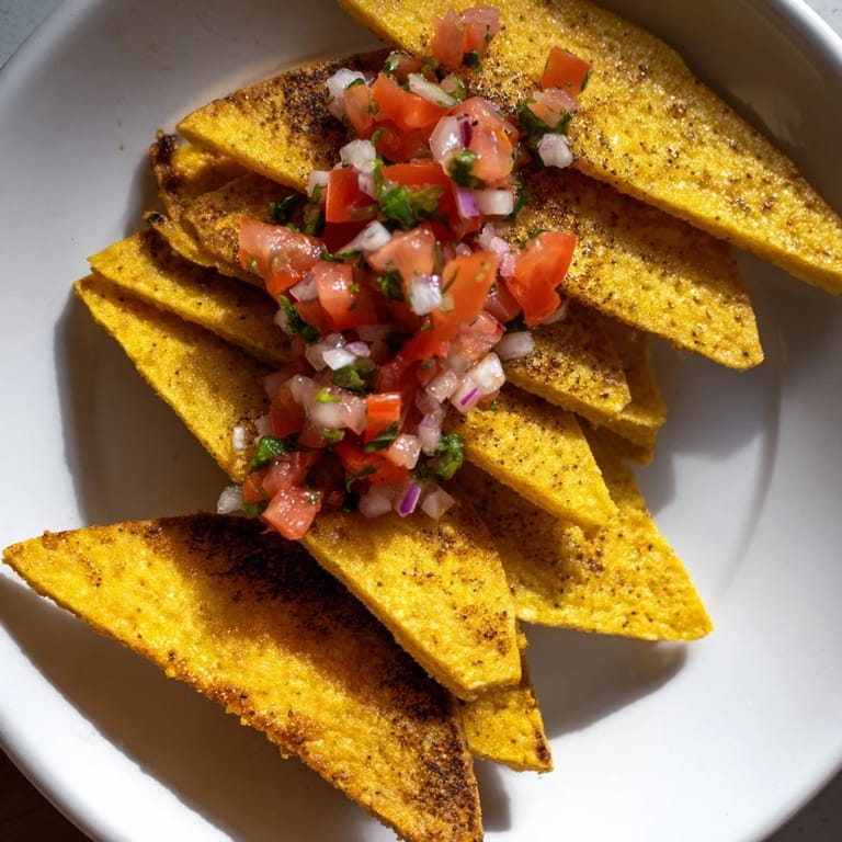 Golden, perfectly air-fried tortilla chips await dipping in a chunky, appetizing salsa bowl.