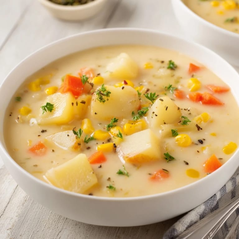 Flavorful Corn & Potato Chowder, a hearty soup full of tender vegetables, ready to serve and eat.