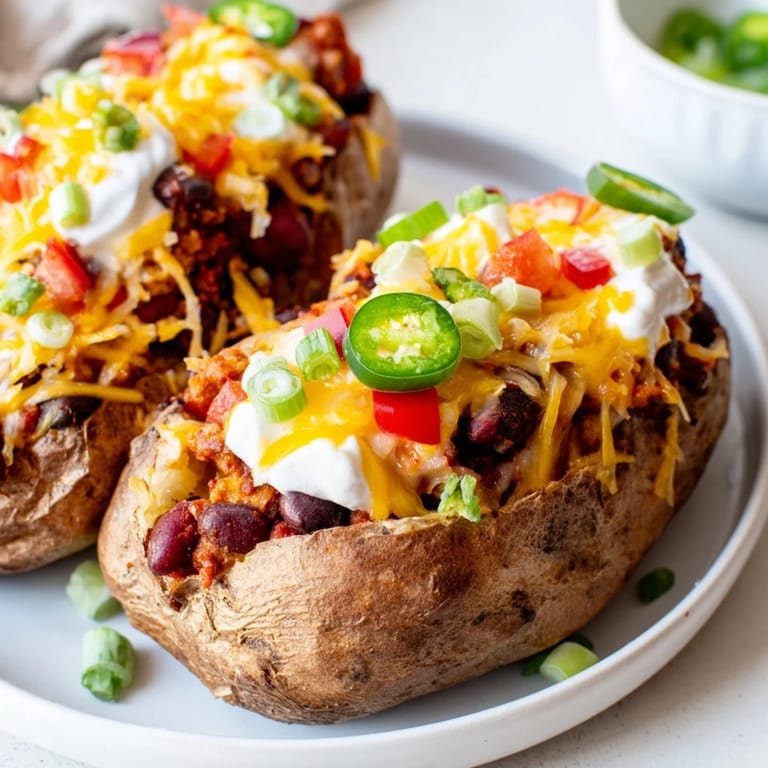 Enjoy a steaming Loaded Baked Potato piled high with spicy chili, beans, and creamy cheese.