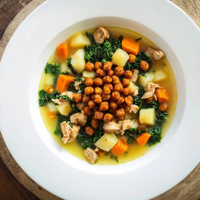 This image shows a close up of Chicken Kale Soup, garnished with roasted chickpeas and lemon.