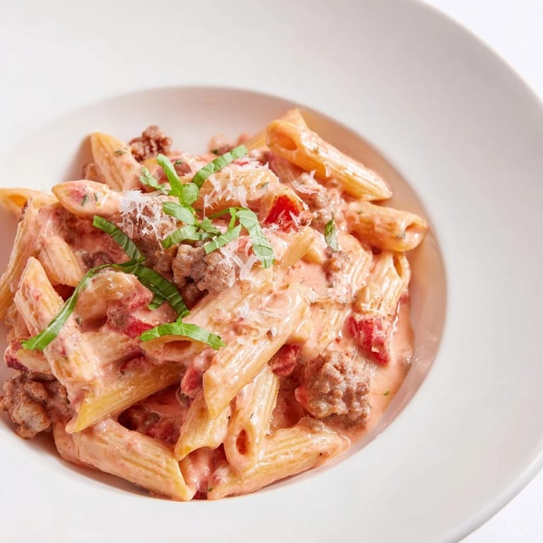 Freshly made Creamy Tomato and Sausage Pasta, served hot with Parmesan cheese and a sprinkle of herbs, looks delightful.