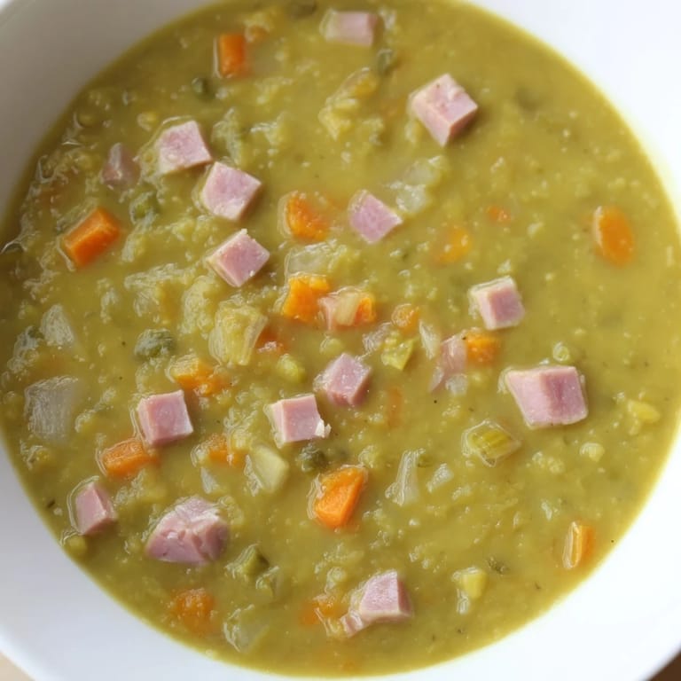 Close-up of a rustic, savory Hearty Split Pea and Ham Soup, garnished with fresh herbs and ready to enjoy.